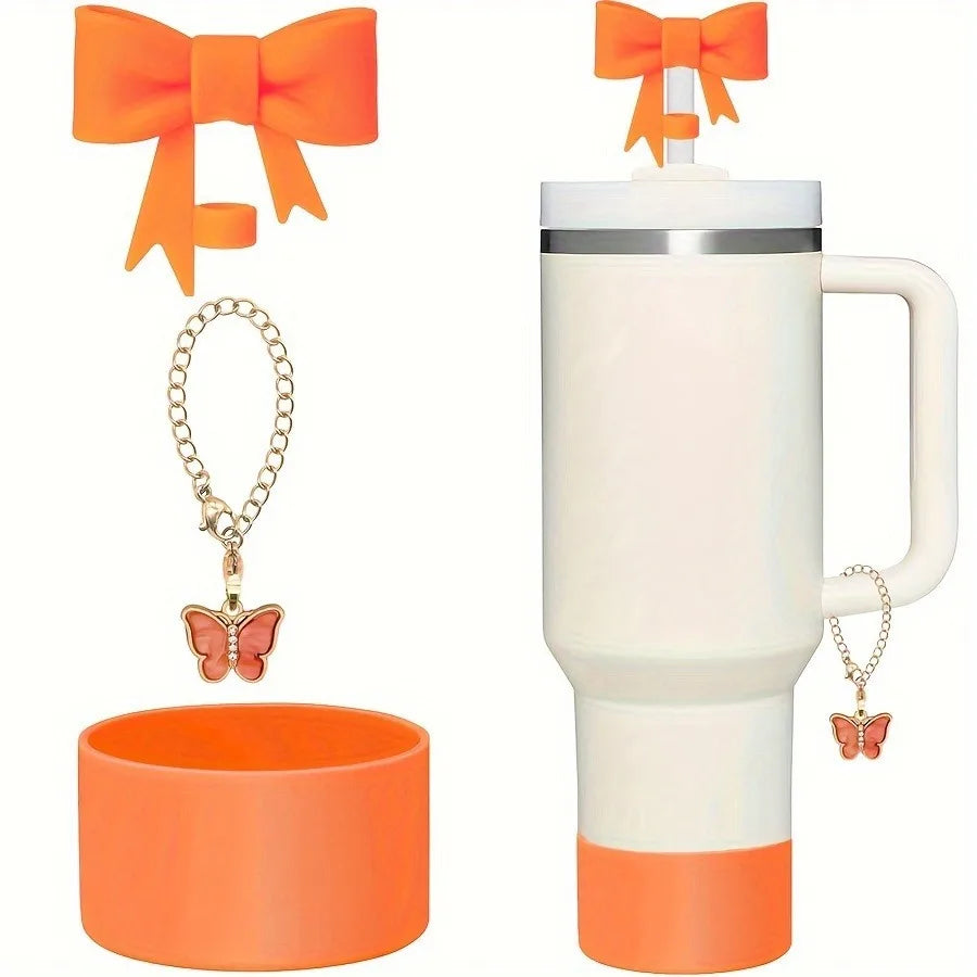 Juego de 3 Cubiertas de Silicona para Vasos con Diseño de Lazo y Cadena de Mariposa Rosa, Accesorios para Vasos de 30/40 oz ﻿