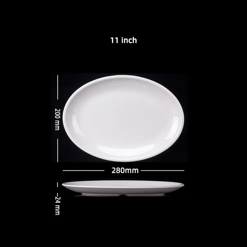 Platos ovalados de melamina blanca de 9-14 pulgadas, juego de cena, plato de porcelana de imitación, bandejas planas para carne, servicio de mesa de cocina y Hotel duradero