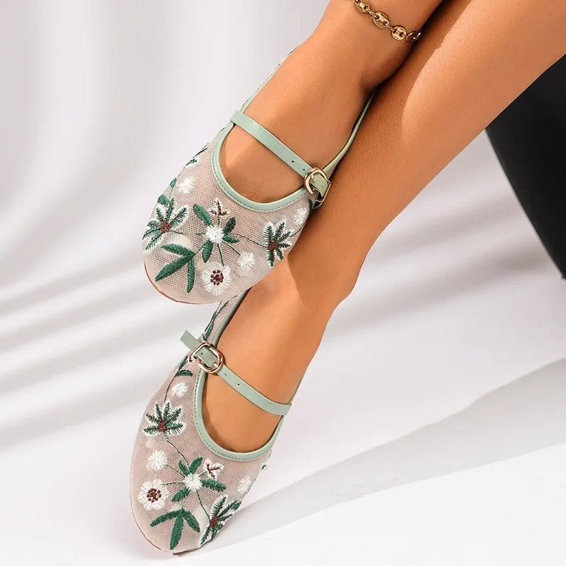 Zapatos Mary Jane de malla con bordado floral de primavera para mujer, zapatos con correa y hebilla concisa, zapatos de suela suave, zapatos planos de ballet transpirables para mujer