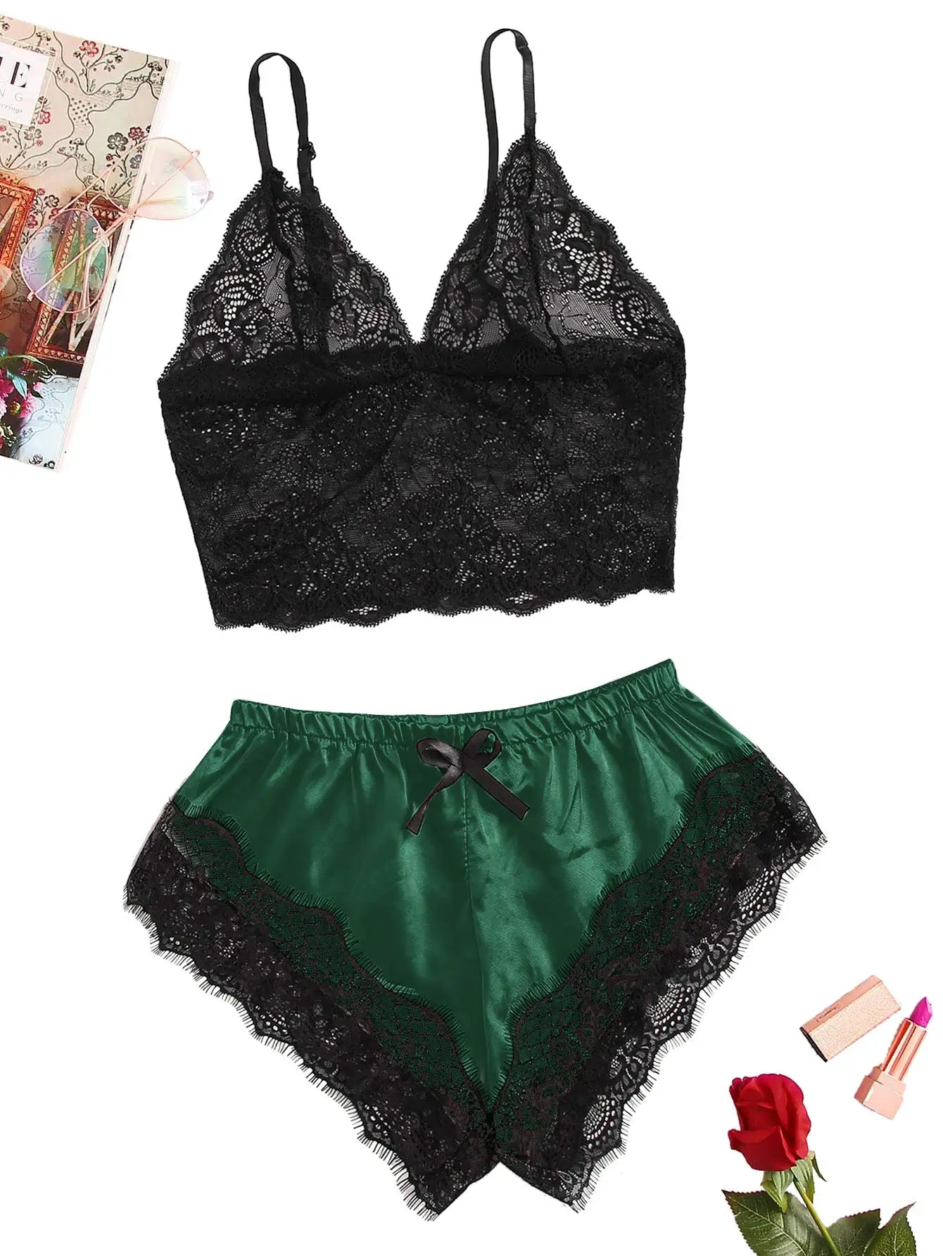 Conjunto de pijama de encaje sexy de 2 piezas para mujer Bralette transparente Cami Top y pantalones cortos Ropa de dormir transpirable Lencería de verano de talla grande