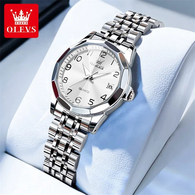 OLEVS 9970 reloj de lujo para parejas, reloj de pulsera con calendario resistente al agua de acero inoxidable para hombres y mujeres, reloj para amantes del espejo con rombos y esfera Digital
