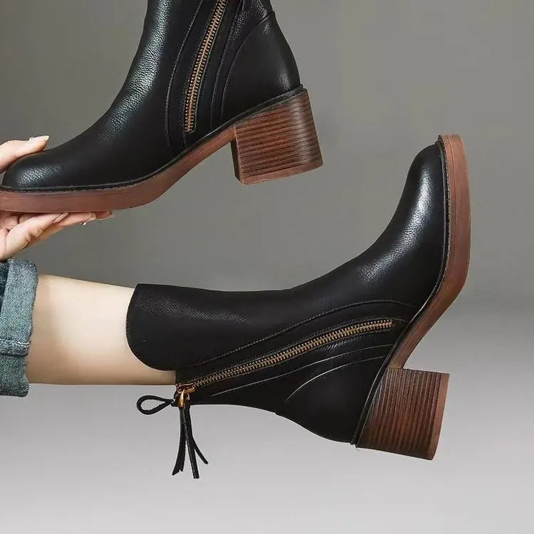Botines de tacón alto para mujer, botas cortas de cuero con punta redonda, botas de tacón grueso, botines con cremallera lateral, tacón de plataforma para mujer