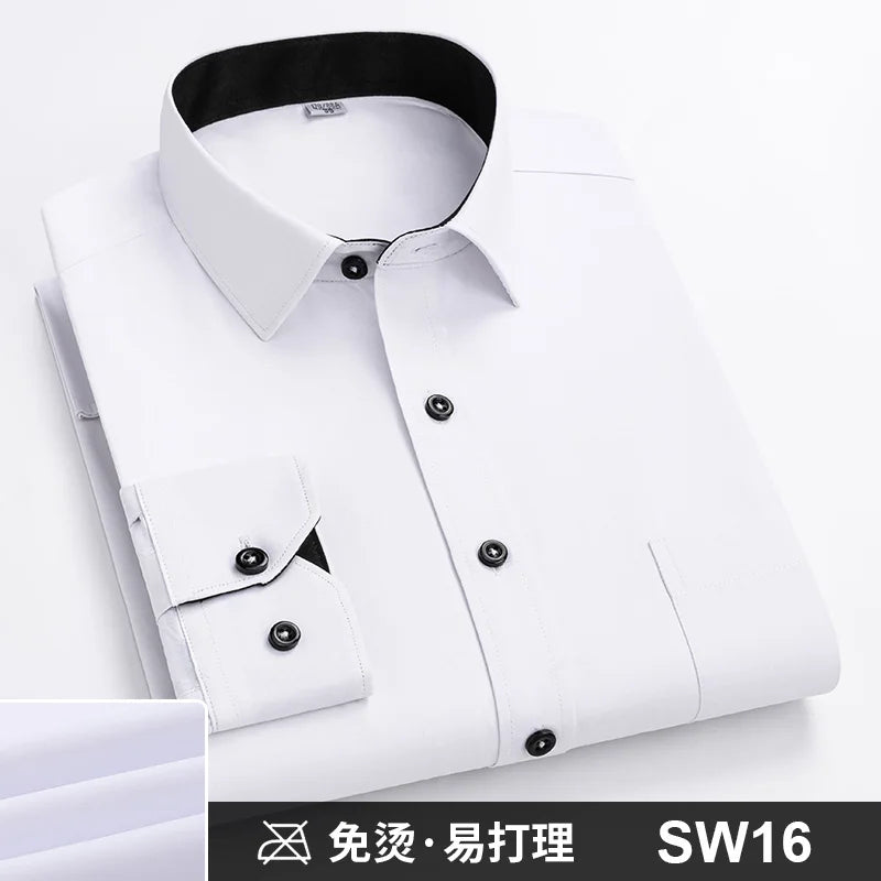 Camisa Formal de manga larga para hombre S ~ 8XL, camisas blancas de negocios de moda de gran tamaño a rayas de Color sólido, antiarrugas y sin planchar