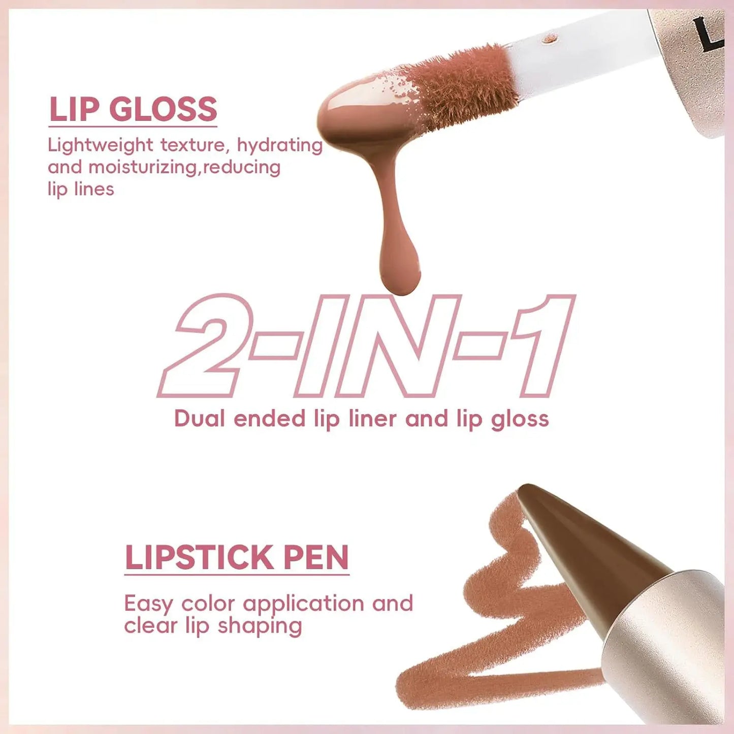 Brillo Labial 2 en 1 de Doble Punta, Delineador y Lápiz Labial, Impermeable, de Larga Duración, Voluminizador, Mate, Hidratante, Brillante, con Tinte Natural
