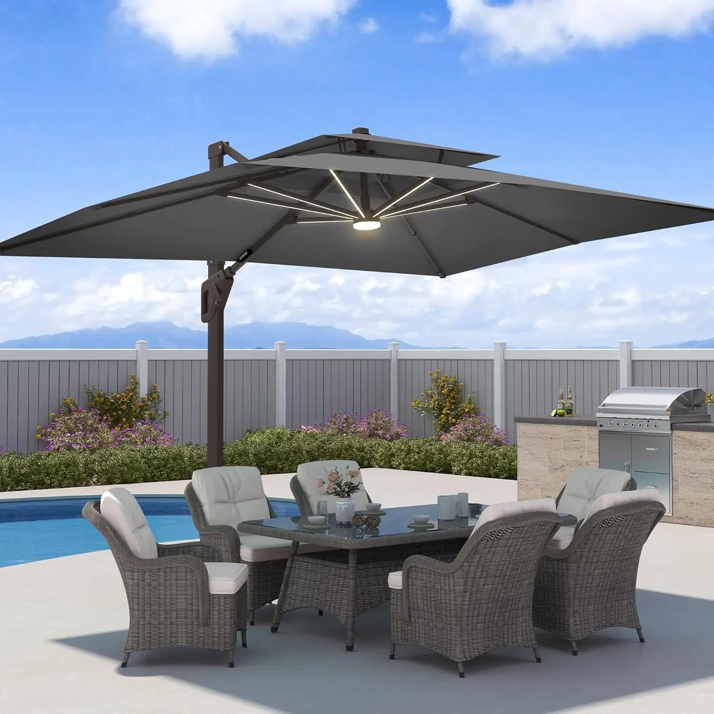 Sombrilla de Patio de 9x12 Pies con Luces LED, Sombrilla Rectangular Grande y Resistente de Aluminio para Exteriores, Personalizable