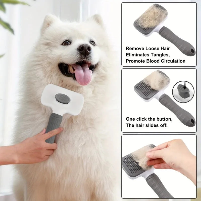 Cepillo de Aseo para Perros y Gatos de Doble Uso, 20×10×5.5cm, Peine Autolimpiante con Púas Curvas de Punta Redonda, Mango Ergonómico para Mascotas