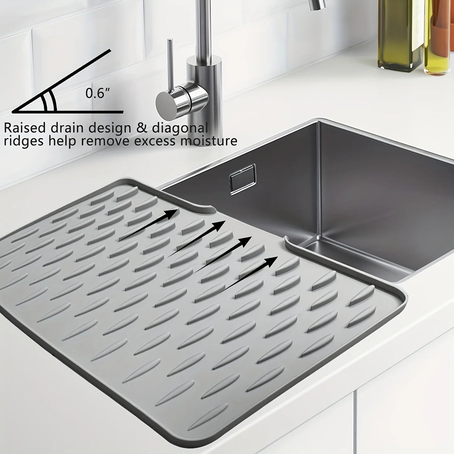 Estera de drenaje de silicona para cocina con diseño de drenaje incorporado, fácil de limpiar, adecuada para encimeras, fregaderos y refrigeradores