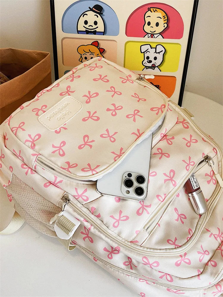 Juego de 3 Bolsas Escolares con Lazo, Mochila de Gran Capacidad, Mochila Casual de Viaje, Mochila Versátil, Bolsa Cruzada, Bolsas para Niñas