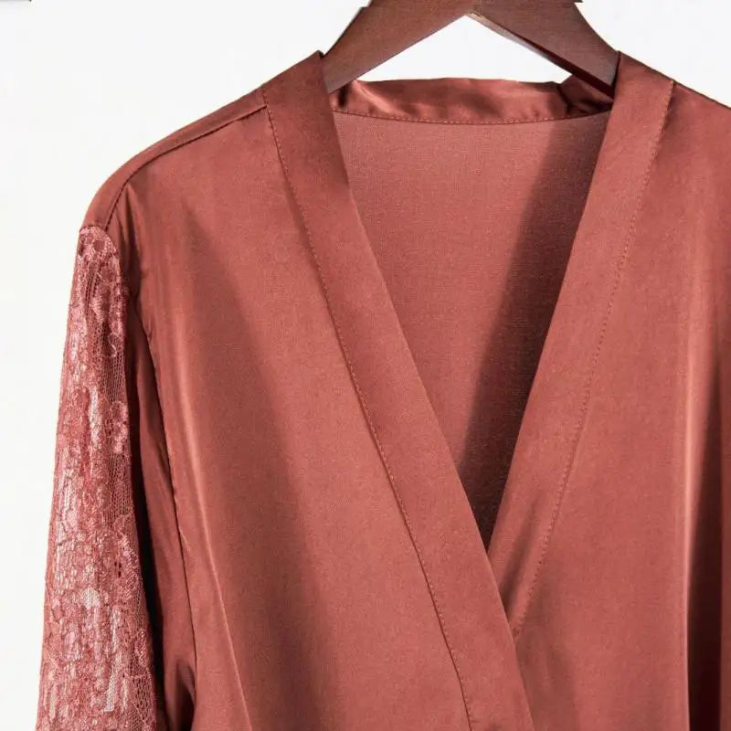 Sexy Intimate Lingerie Perspective Nightwear Lace Patchwork Home Wear Robe Suit Lady Kimono Gown Sleepwear Satin Nighty Bathrobe