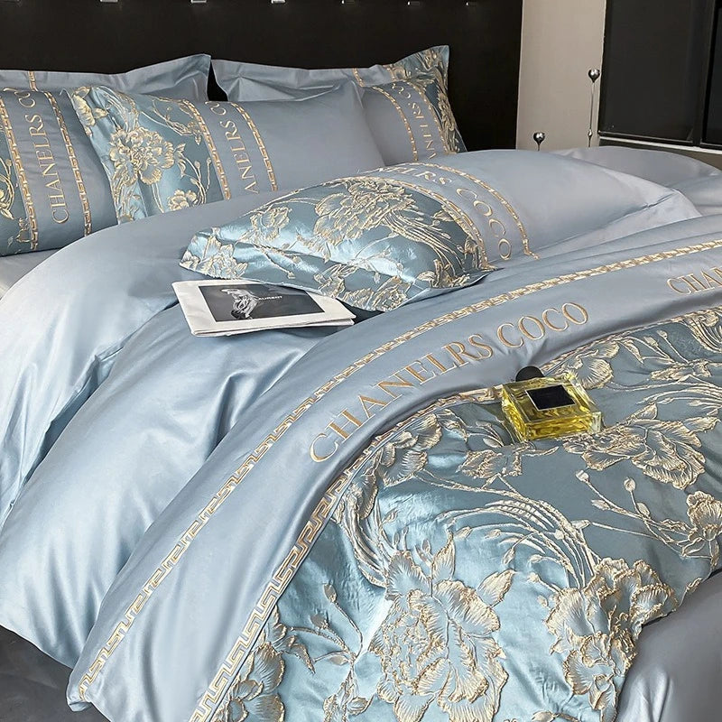 Juego de cama europeo de alta gama, juego de cuatro piezas de algodón de lujo, funda de edredón bordada de algodón, sábanas, sombreros, ropa de cama para personas mayores