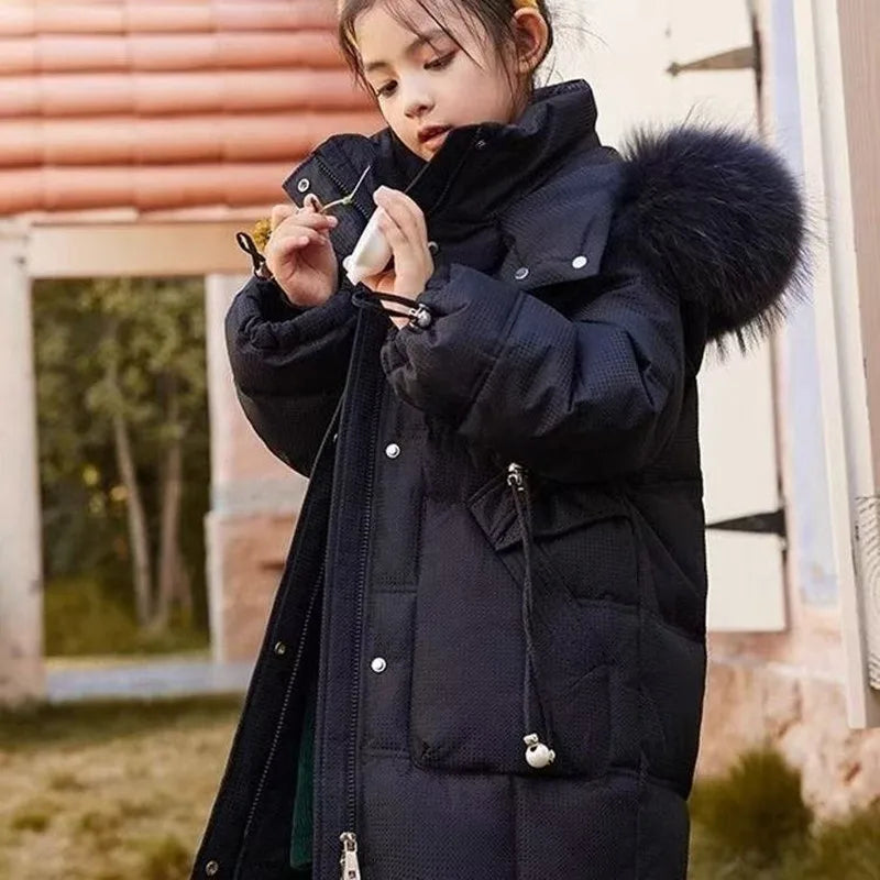 Chaqueta de plumón para niña, abrigo con cuello de piel gruesa holgada y de felpa, nuevo estilo, invierno 2026, 110-170cm