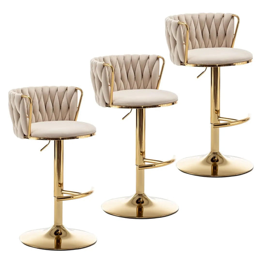 Juego de 3 Taburetes de Bar de Terciopelo Dorado, Taburetes Giratorios con Respaldo para Barra de Cocina, Ajustables y Tejidos, Personalizables