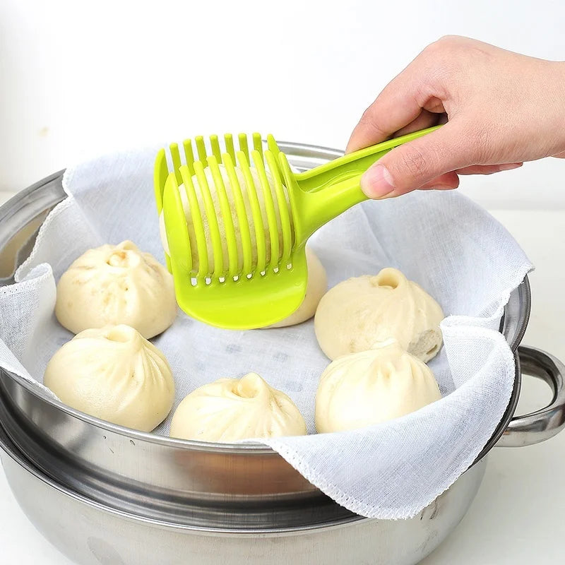 Práctico soporte de acero inoxidable para cebolla, rebanador de patatas, tomate, cortador de frutas y verduras, herramientas de cocina de seguridad, accesorios