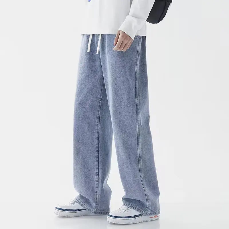 2025 nueva ropa para hombres pantalones de pierna ancha de mezclilla sueltos europeos y americanos pantalones vaqueros de pierna recta de cintura alta ajustados para hombres