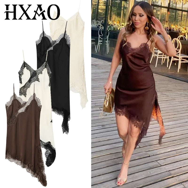 HXAO Vestidos para mujer, vestido asimétrico de encaje, verano 2025, Vestidos de noche sexis para mujer, Mini Vestidos marrones sin mangas y sin espalda
