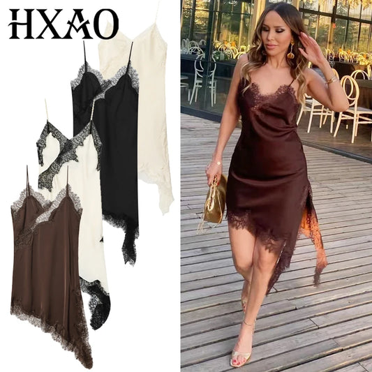 HXAO Vestidos para mujer, vestido asimétrico de encaje, verano 2025, Vestidos de noche sexis para mujer, Mini Vestidos marrones sin mangas y sin espalda