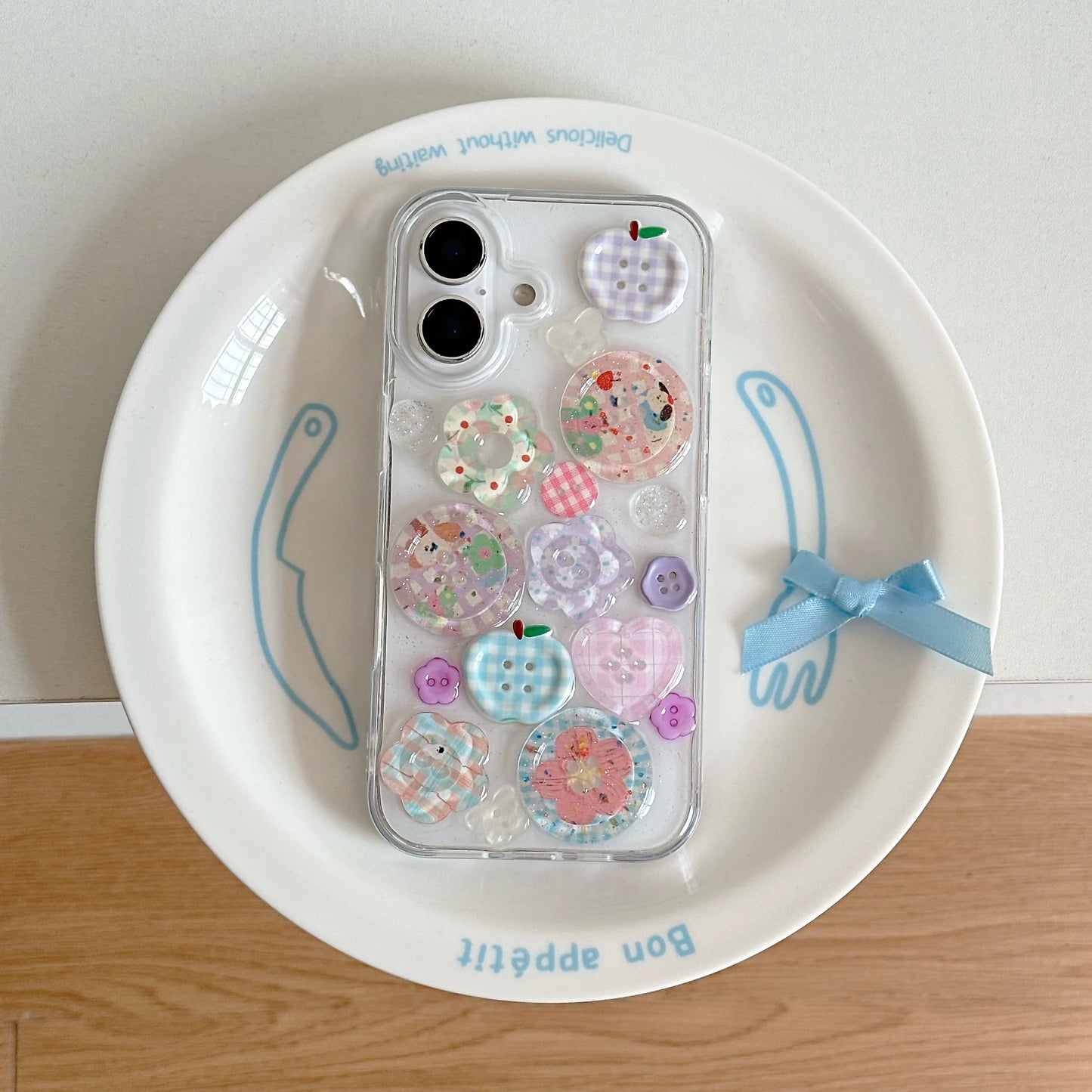 Adorable transparente decorado con botones estampados funda de teléfono de aspecto divertido para iPhone 16 15 14 13 Pro Max contraportada Capa