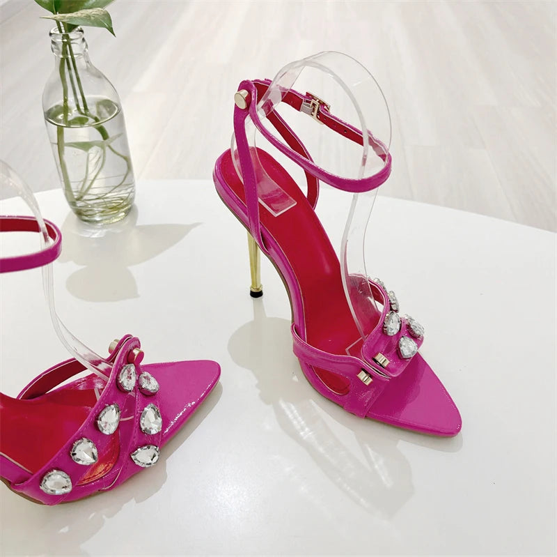 Liyke, moda de verano, sandalias de tacón alto Thih de Metal con remaches de gemas y banda estrecha para mujer, zapatos sexis de punta abierta y puntiaguda para vestido de fiesta, talla 41