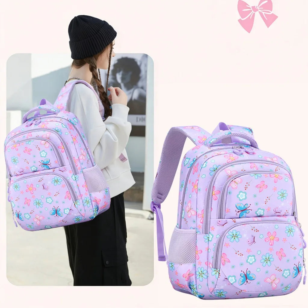 Juego de 3 Piezas de Mochila Escolar para Niños con Estampado de Mariposas y Flores, Resistente al Agua, Ligera, con Lonchera Aislada y Estuche para Lápices