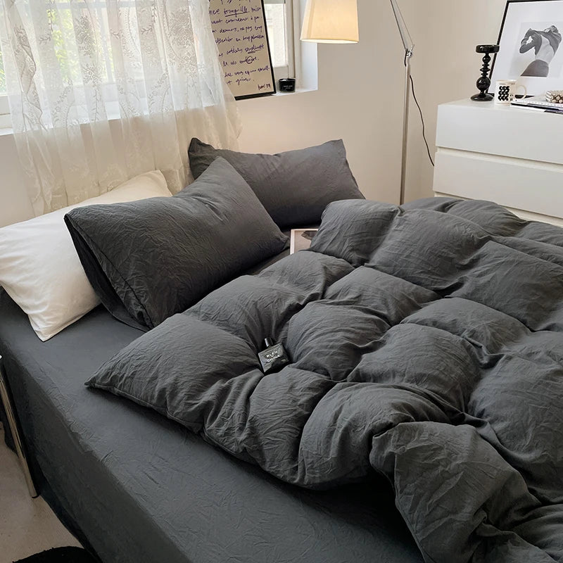 Juegos de fundas de edredón gris oscuro a la moda, fundas de edredón cepilladas, juegos de cama individual doble Queen, funda de almohada para niños, funda de edredón sólida