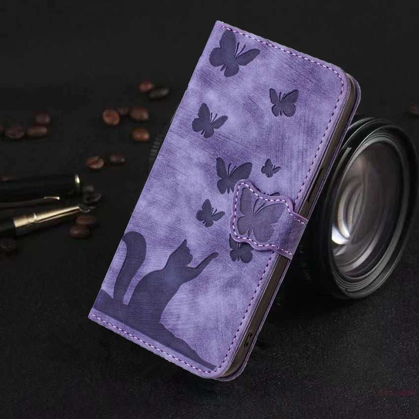 Funda tipo cartera de cuero con diseño de gato y mariposa para iPhone 17, 15, 16, 14, 13, 12, 11 Pro Max, iPhone 15 Plus