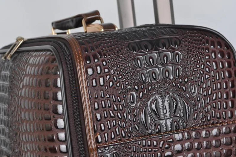 Equipaje rodante de cuero con patrón de cocodrilo, maleta con ruedas de embarque de 16/20/24 pulgadas, equipaje de viaje de cuero real para hombres y mujeres