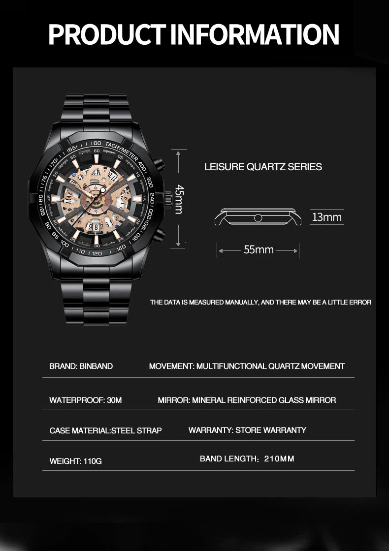 Relojes BINBONG de negocios para Hombre, Reloj de cuarzo luminoso con calendario resistente al agua para Hombre, Reloj de acero inoxidable para Hombre