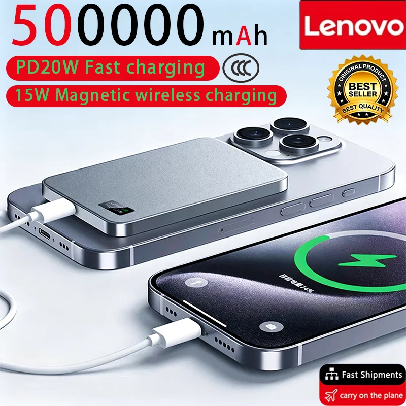 Batería Externa Portátil Lenovo Magnética Magsafe de 500000 mAh con Carga Rápida Inalámbrica PD22.5W para iPhone