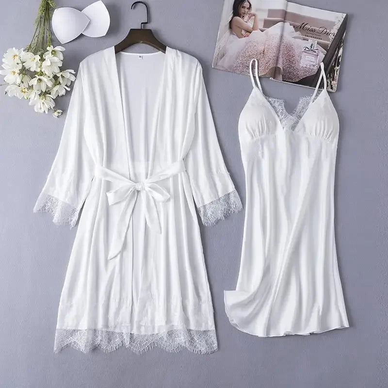 Conjunto de pijama de seda blanca para mujer, bata de boda de 5 piezas, camisón Sexy de encaje, ropa de dormir, Kimono, albornoz, lencería