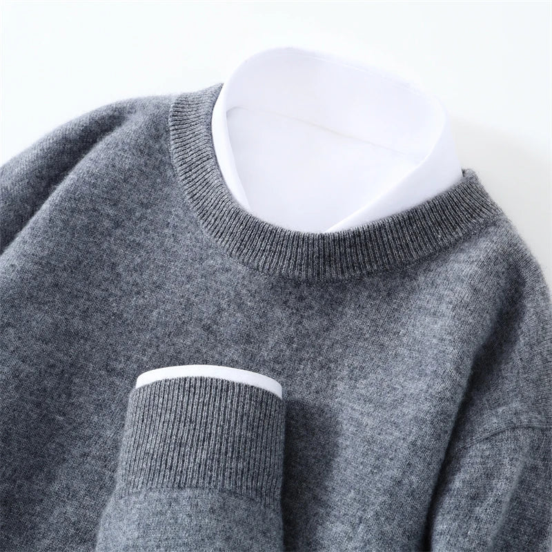 Otoño/Invierno, jersey de cachemira pura de 100% para hombre, suéter de punto liso informal de negocios, Tops sueltos de cuello redondo, jersey grueso y cálido