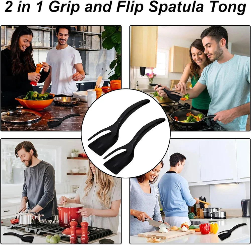 Nueva Espátula 2 en 1 con Pinzas, Espátula para Voltear Huevos, Espátula de Nailon con Revestimiento Antiadherente, Herramienta para Hacer Panqueques, Pescado, Tostadas Francesas y Omelettes