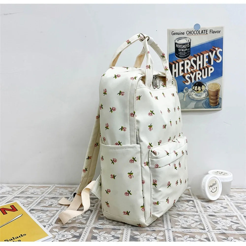 Mochila de moda de gran capacidad para mujer, mochila con estampado de flores y asa para estudiantes, mochila escolar de nailon de estilo japonés para estudiantes