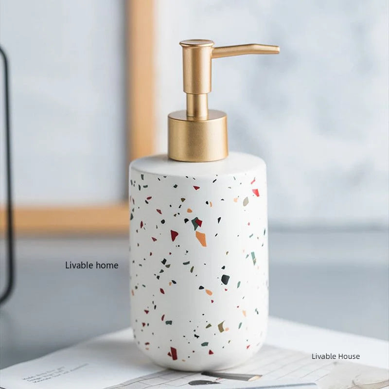 Dispensadores de jabón portátiles de cerámica, botella de líquido para lavar las manos, botella de loción con patrón de terrazo, botella de jabón, dispensadores de jabón para Baño