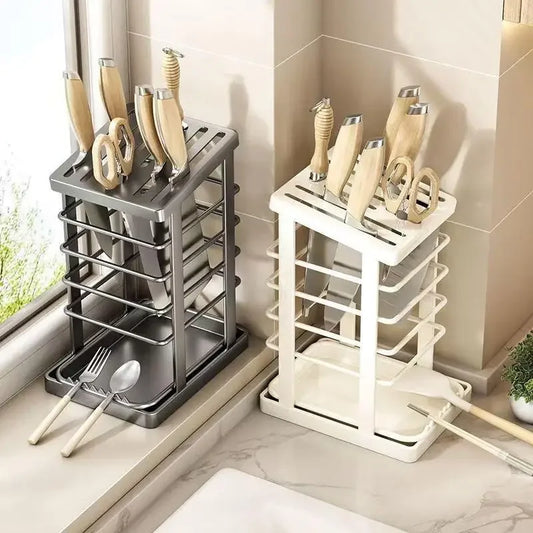 Computador de encimera de cocina: estante para platos multifunción, soporte para cuchillos y almacenamiento de herramientas con bandeja de drenaje