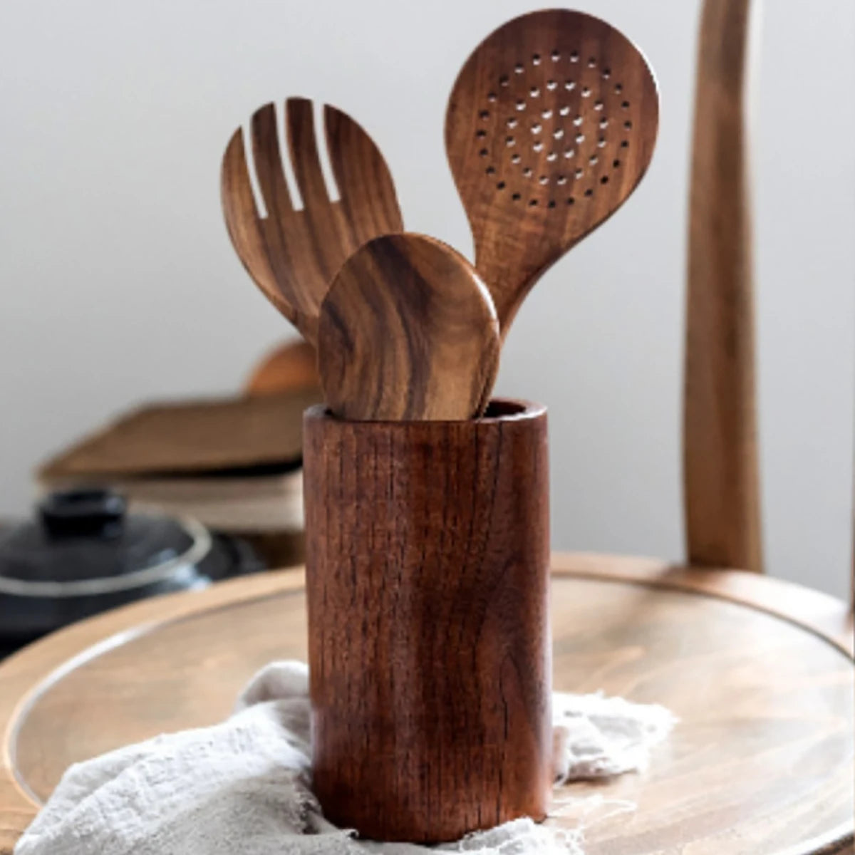 Utensilios de cocina de madera, juego de cuchara y espátula para el hogar, cuchara para ensalada, tenedor, cuchara agitadora, juego de cocina para hornear con cubo de almacenamiento