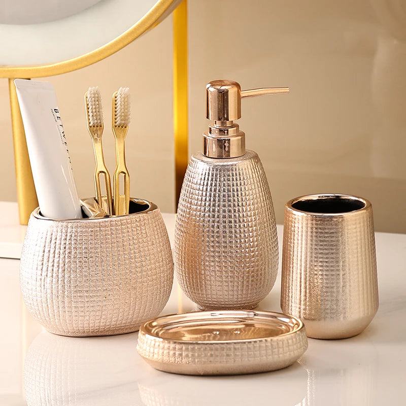 Botella de loción de cerámica de oro rosa, taza de enjuague bucal, soporte para cepillo de dientes, juego de accesorios de baño para el hogar, champú, botella de lavado corporal, jabonera