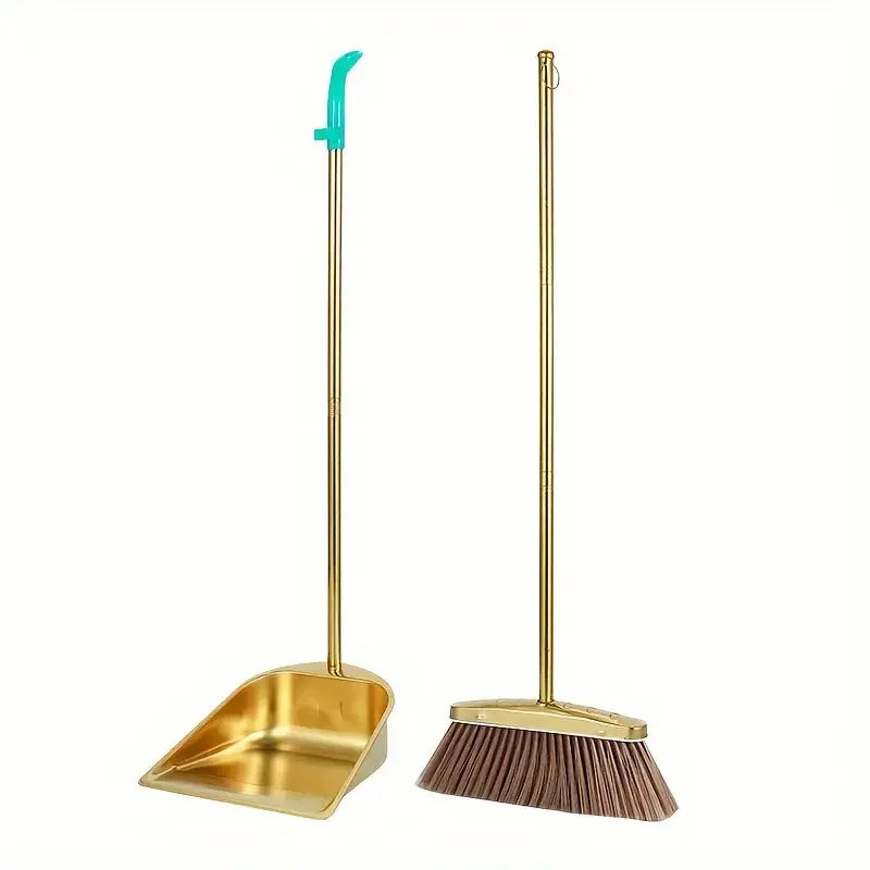 Juego de escoba y recogedor de acero inoxidable dorado, modelo básico, recogedor para exteriores, recogedor para restaurantes, escoba para limpieza de suelos, recogedor de pie, recogedor para jardín, para el hogar y la ofic