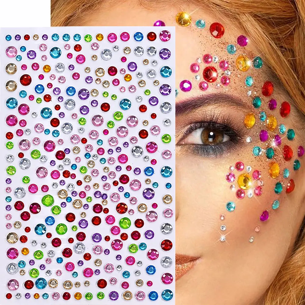 1 hoja 900 Uds. Pegatinas de gemas brillantes de cara de arcoíris, tatuaje Facial adhesivo, joyas de diamantes de imitación para ojos, mezcla de 3/4/5mm, maquillaje para fiesta de boda