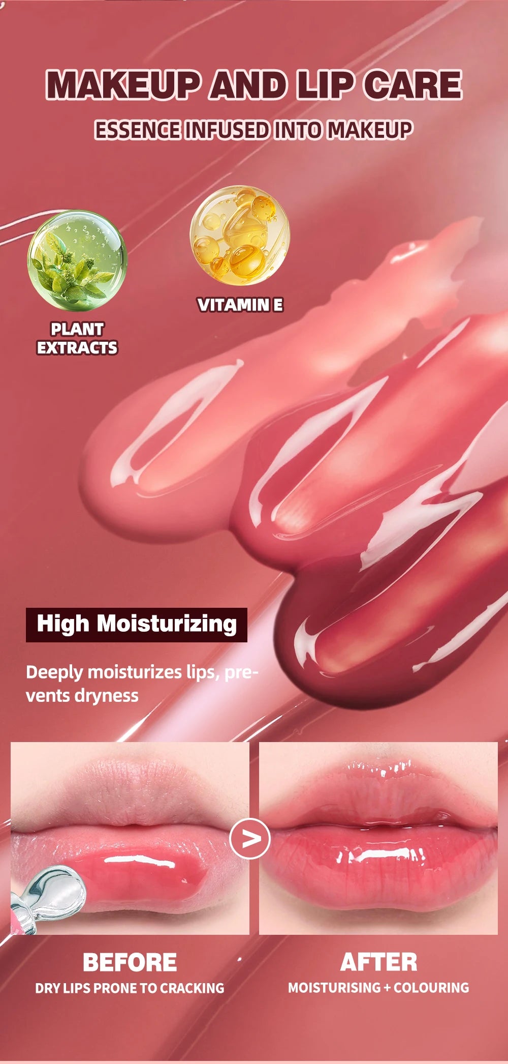 Brillo Labial QIBEST Efecto Espejo, Tinte de Larga Duración, Hidratante, Brillante, con Purpurina, Maquillaje Nutritivo