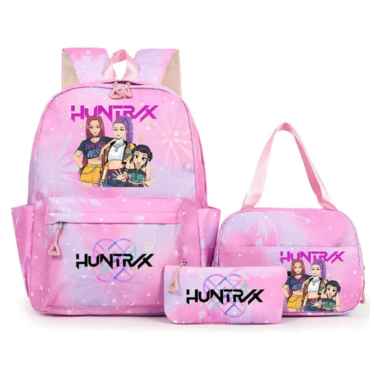 Conjunto de mochila con estampado de KPop Demon Hunters con bolsa para el almuerzo y estuche para lápices, mochila para exteriores de gran capacidad, ligera y transpirable
