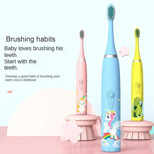 Cepillo de dientes eléctrico para niños, venta al por mayor, pelo suave de dibujos animados, IP7, resistente al agua, vibración ultrasónica, regalos