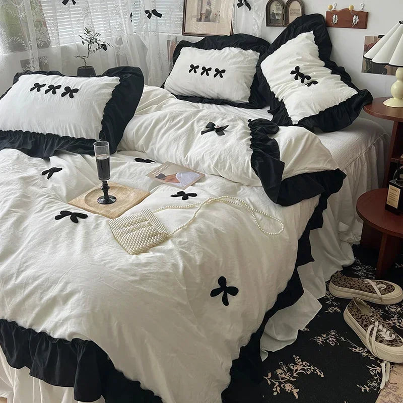 Juego de cama de algodón con lazo negro, funda nórdica suave y agradable para la piel estilo princesa para niña, sábana o funda de almohada para falda de cama