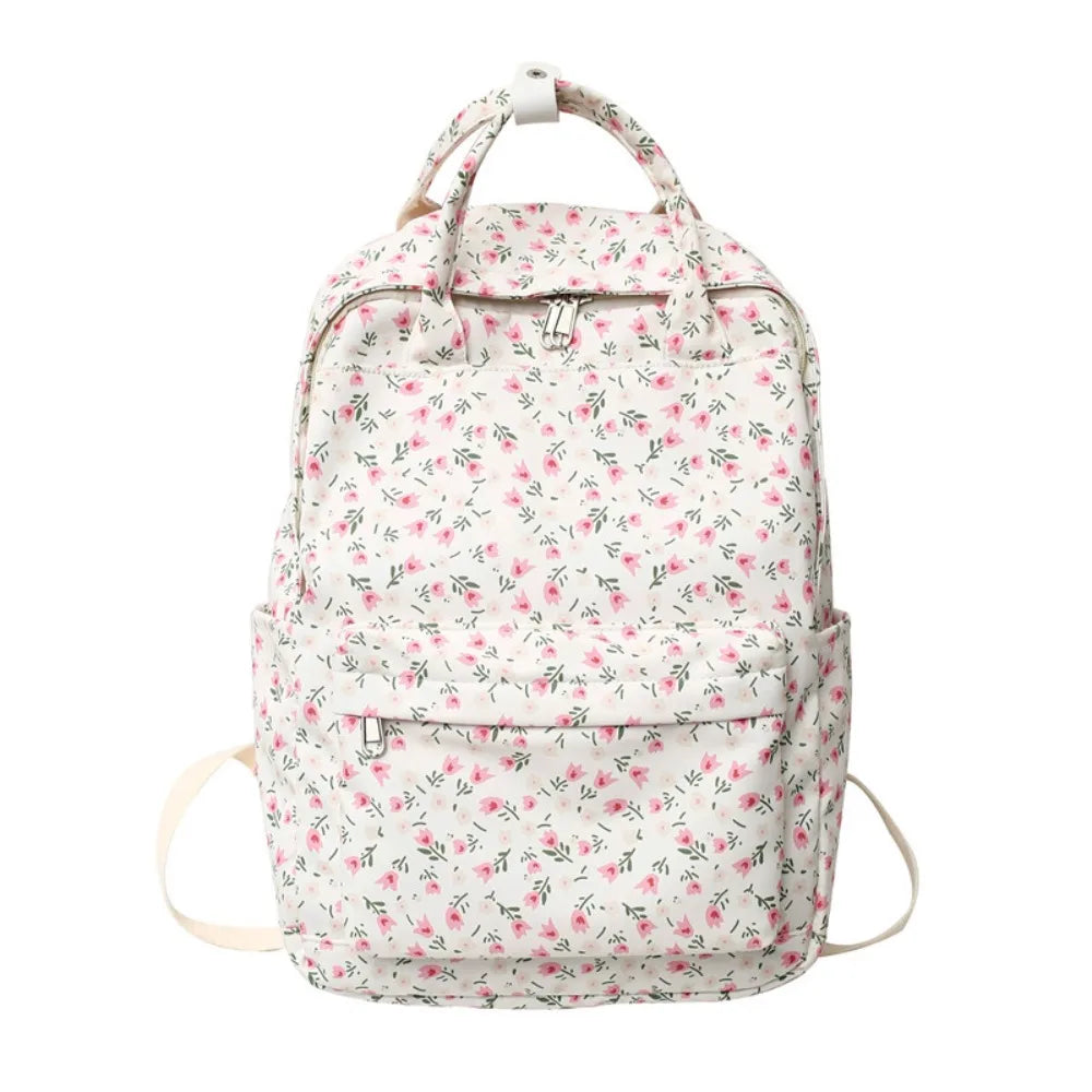 Mochila de moda de gran capacidad para mujer, mochila con estampado de flores y asa para estudiantes, mochila escolar de nailon de estilo japonés para estudiantes