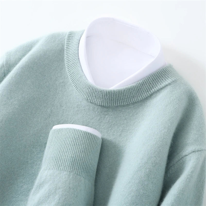 Otoño/Invierno, jersey de cachemira pura de 100% para hombre, suéter de punto liso informal de negocios, Tops sueltos de cuello redondo, jersey grueso y cálido