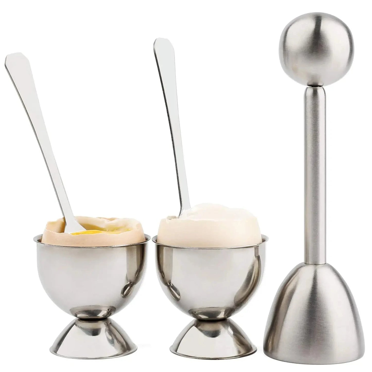 Abridor de huevos creativo, abridor de cáscara de huevo con bandeja para huevos y cucharas, herramienta de desayuno con apertura de acero inoxidable, accesorios de cocina