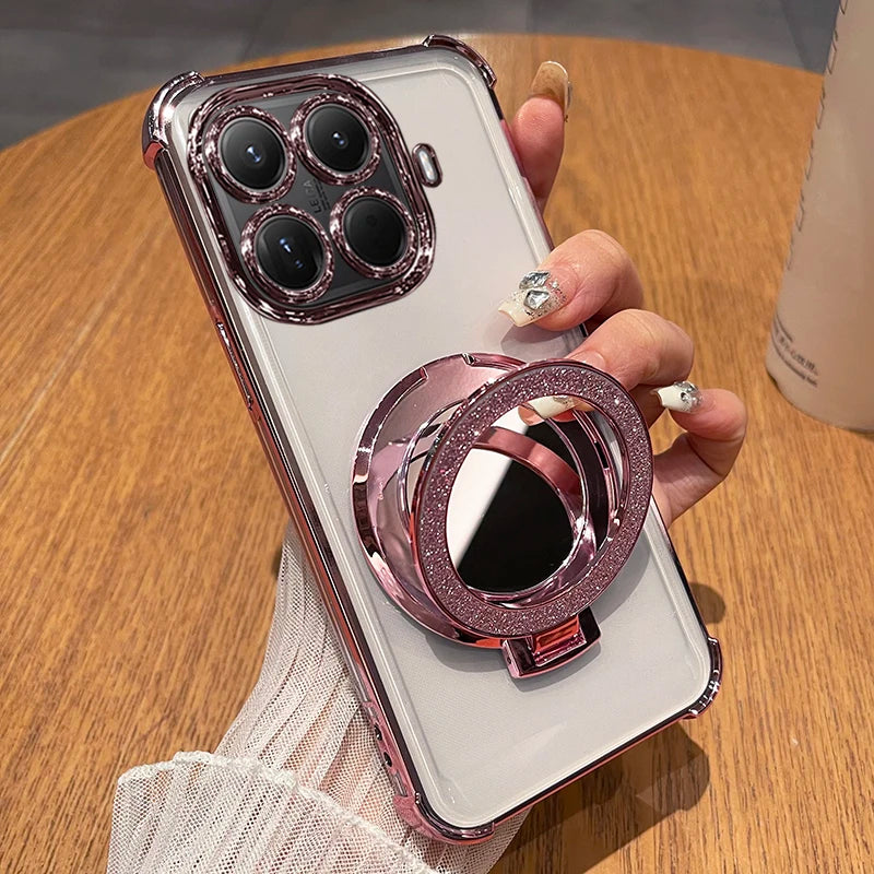Funda con Soporte Magnético y Espejo Brillante para Xiaomi 15T Pro 17T Pro, Funda Protectora de Silicona Suave con Revestimiento para Xiaomi 17 Max