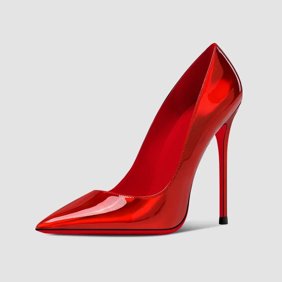 Nuevos tacones altos negros puntiagudos de 12 cm para mujer, tacones delgados con temperamento sexy, boca poco profunda, zapatos individuales con suela roja 34-46