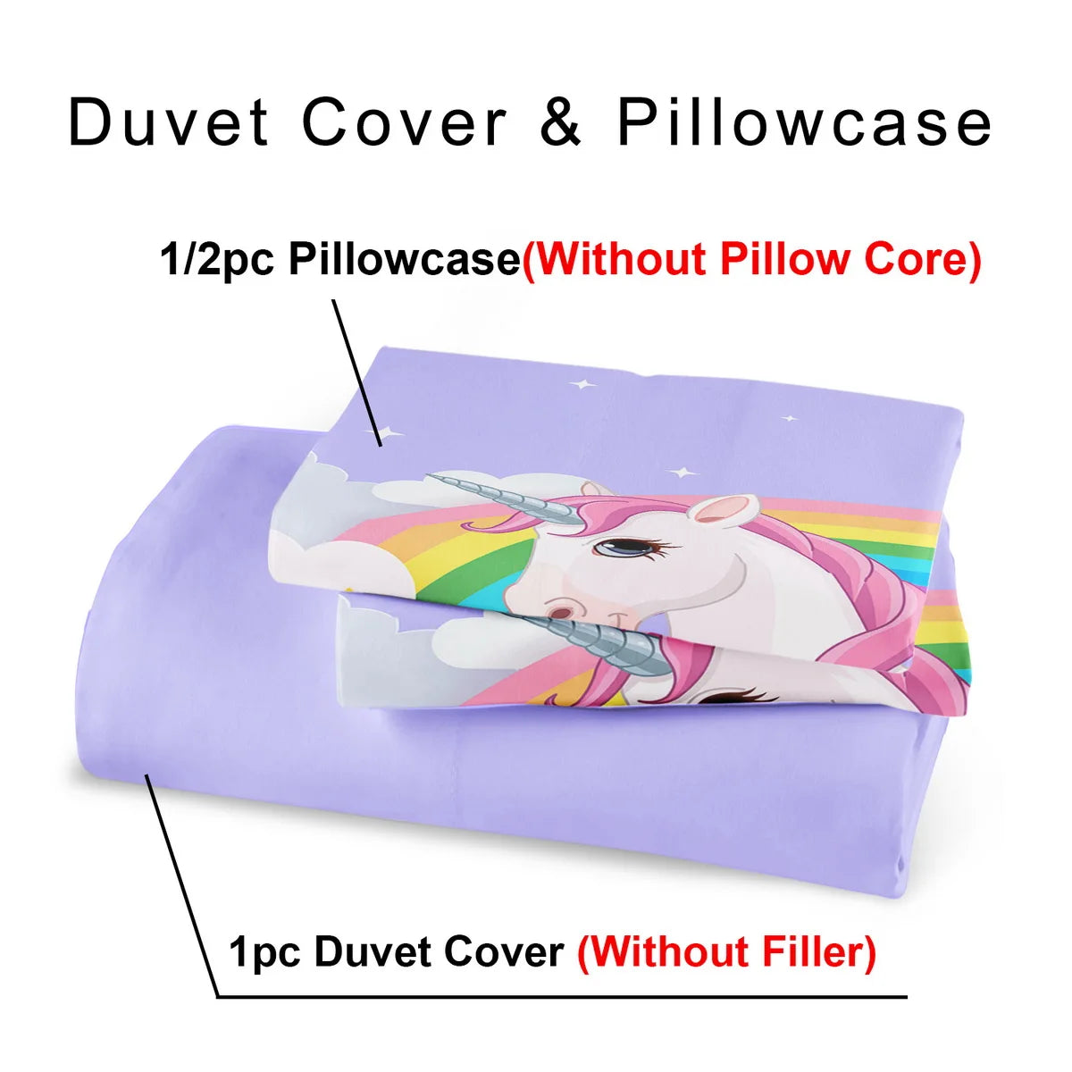 Juego de funda nórdica con tema de unicornio, 2/3 piezas, suave, cómodo, transpirable, juego de cama con estampado de unicornio arcoíris, estampado de animales de fantasía