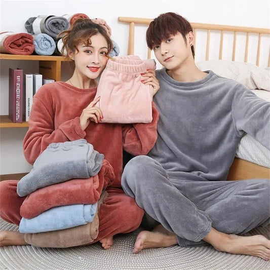 Pijamas de invierno para parejas, conjunto de pijamas suaves y cálidos de lana Coral, se puede usar en el exterior, pantalones holgados con cintura elástica, ropa de ocio para el hogar