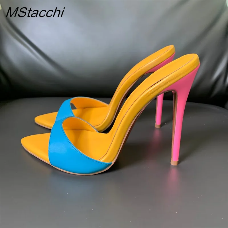Zapatillas de tacón súper alto para mujer, zapatos de verano con punta abierta, sandalias de tacón de aguja de colores combinados, zapatos sexis de fiesta para mujer, zapatos de tacón de lujo para mujer